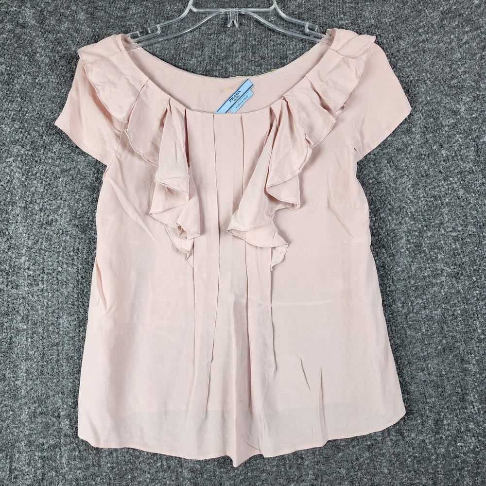 Prada Top Womens 40 P9638 Pink Ruffle Front Pleated Short Sleeve Silk EUC